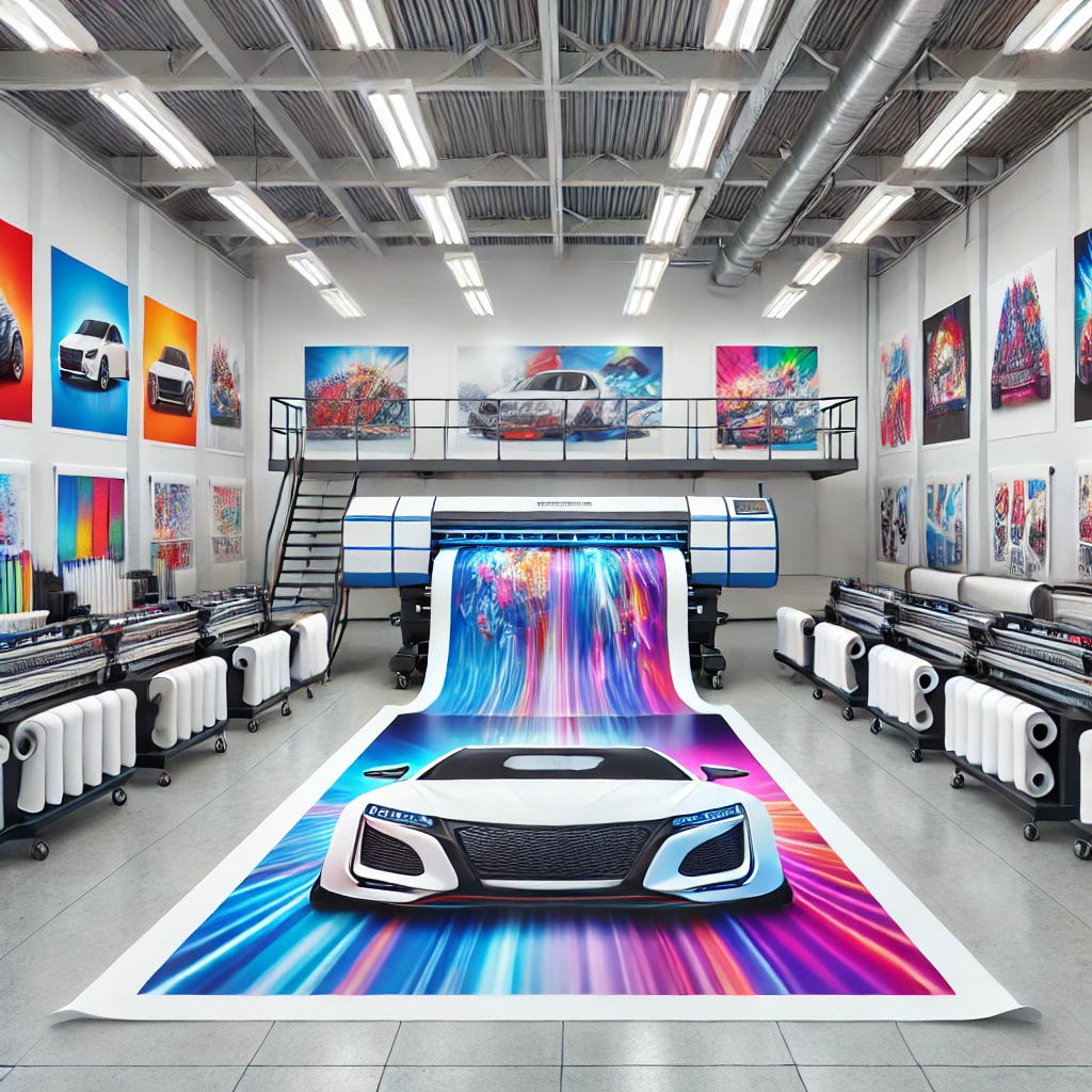 A large, white room filled with industrial-sized printers producing vibrant, high-quality advertisements for car wraps. The printers are actively printing large sheets of vinyl with colorful and detailed designs, ready to be applied to vehicles. The room is spacious and well-lit, emphasizing the scale and precision of the printing process. The overall scene highlights the advanced technology and professional environment where these eye-catching car ads are created, showcasing the beginning of the transformation from concept to reality.