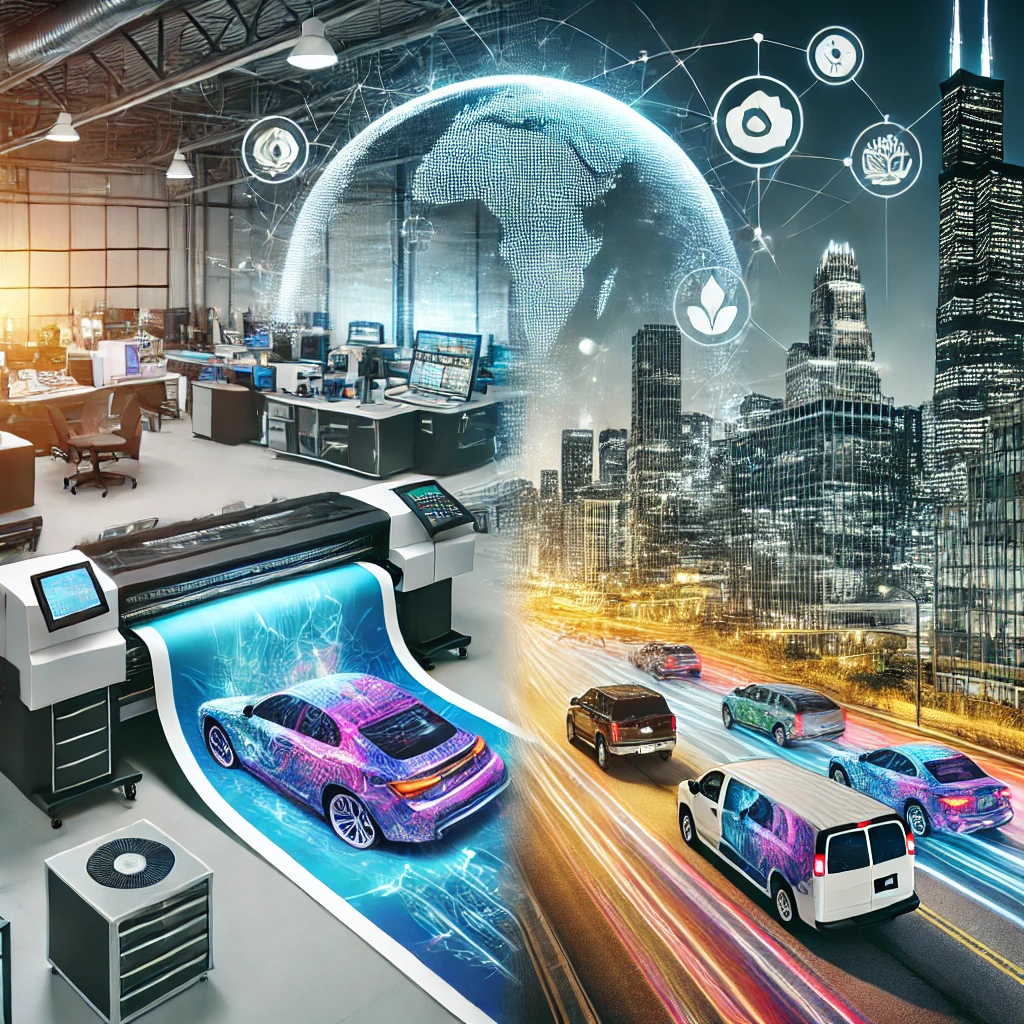 A dynamic split-screen image representing a company focused on innovation and sustainability. On the left side, a sleek, high-tech printing facility with large-format printers producing vibrant, eco-friendly car wraps. The image shows advanced technology and precision in the printing process, highlighting the state-of-the-art equipment and professional environment. On the right side, a fleet of wrapped cars driving through Chicago, showcasing the final product in action. The cars are wrapped in vibrant designs, navigating through the city’s iconic skyline and busy streets. The image emphasizes the company’s impact on advertising and the reach of its mobile marketing campaigns, combining the journey from concept to execution with innovation, quality, and environmental responsibility.