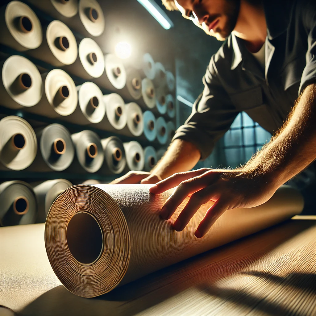 A close-up shot of a skilled technician carefully handling and inspecting a roll of high-quality substrate material. The focus is on the texture and richness of the material, with lighting that highlights its premium quality. In the background, other rolls of substrates are neatly organized, emphasizing the variety and high standards upheld by the company. The image conveys a sense of precision, quality, and dedication, showing that the company takes pride in selecting and using only the best materials for every project.